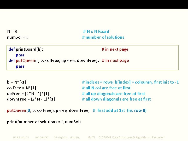 Initializations : Python N=8 num. Sol = 0 # N x N Board #