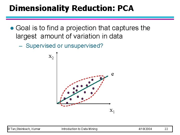 Dimensionality Reduction: PCA l Goal is to find a projection that captures the largest