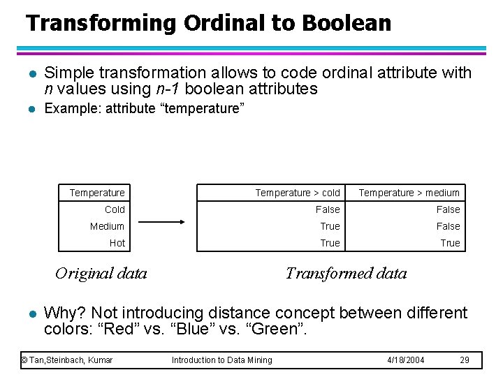 Transforming Ordinal to Boolean l Simple transformation allows to code ordinal attribute with n