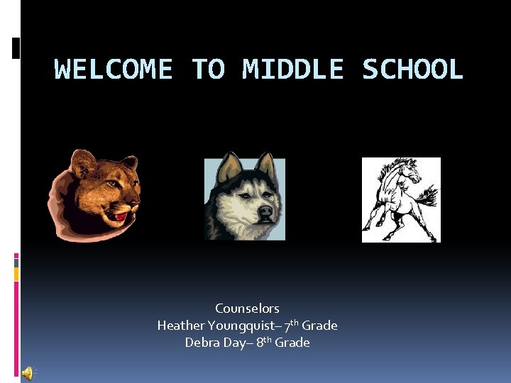 WELCOME TO MIDDLE SCHOOL Counselors Heather Youngquist– 7 th Grade Debra Day– 8 th