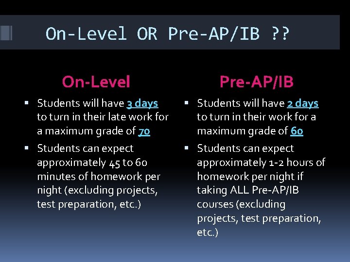 On-Level OR Pre-AP/IB ? ? On-Level Pre-AP/IB Students will have 3 days to turn