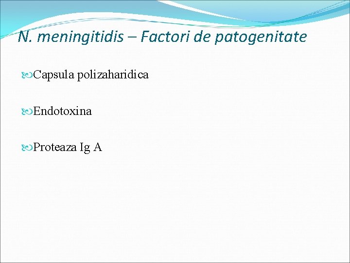 N. meningitidis – Factori de patogenitate Capsula polizaharidica Endotoxina Proteaza Ig A 