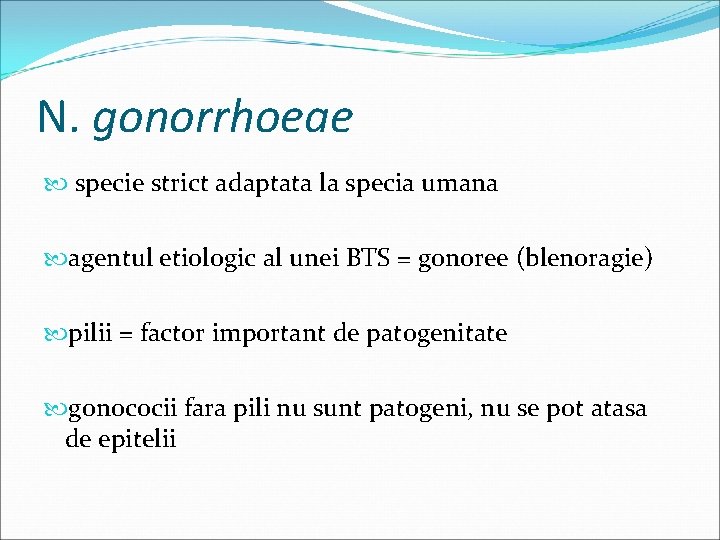 N. gonorrhoeae specie strict adaptata la specia umana agentul etiologic al unei BTS =