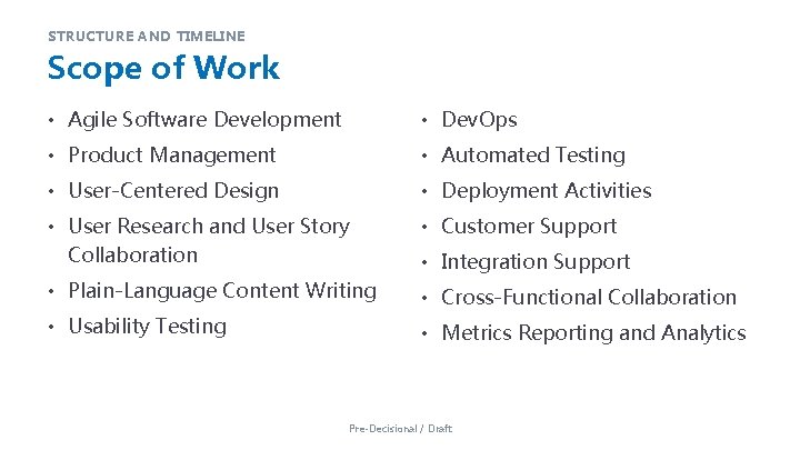 STRUCTURE AND TIMELINE Scope of Work • Agile Software Development • Dev. Ops • STRUCTURE AND TIMELINE Scope of Work • Agile Software Development • Dev. Ops •