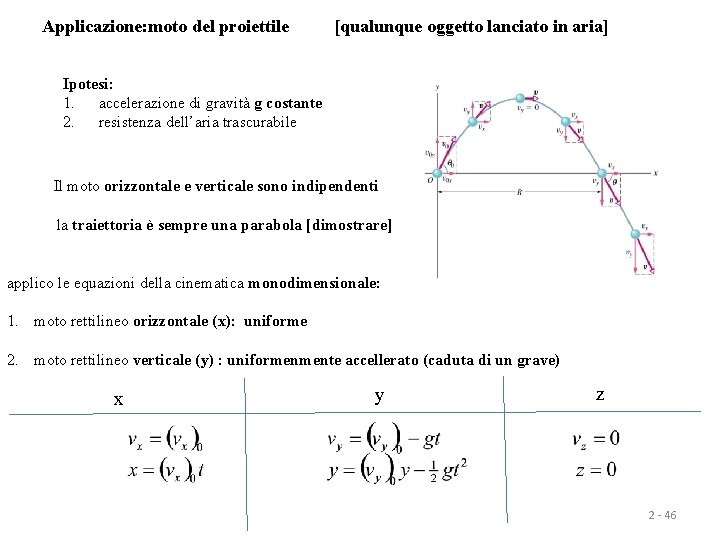 Applicazione: moto del proiettile [qualunque oggetto lanciato in aria] Ipotesi: 1. accelerazione di gravità