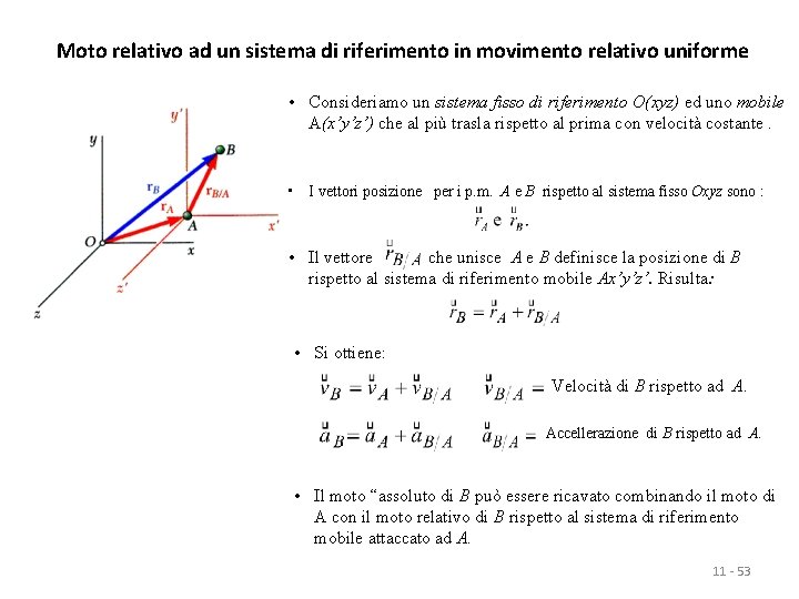 Moto relativo ad un sistema di riferimento in movimento relativo uniforme • Consideriamo un