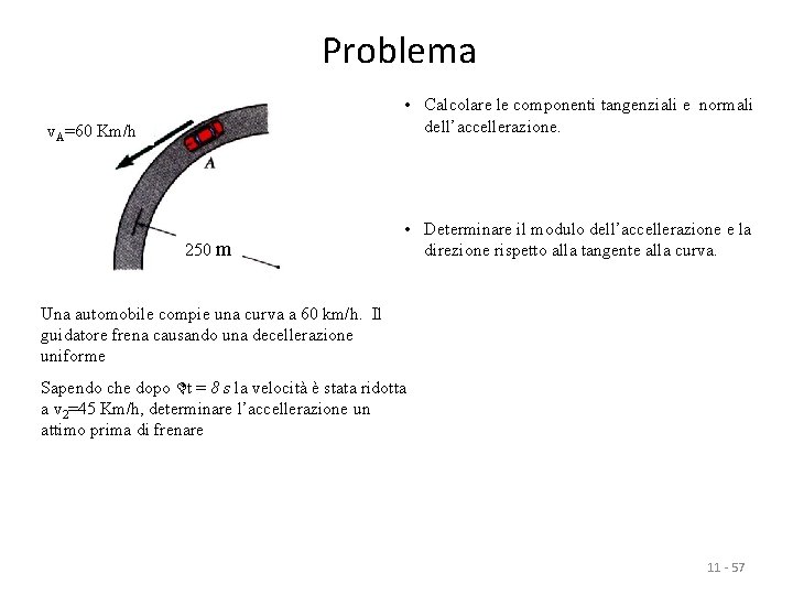 Problema • Calcolare le componenti tangenziali e normali dell’accellerazione. v. A=60 Km/h 250 m