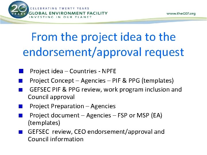 From the project idea to the endorsement/approval request Project idea – Countries - NPFE