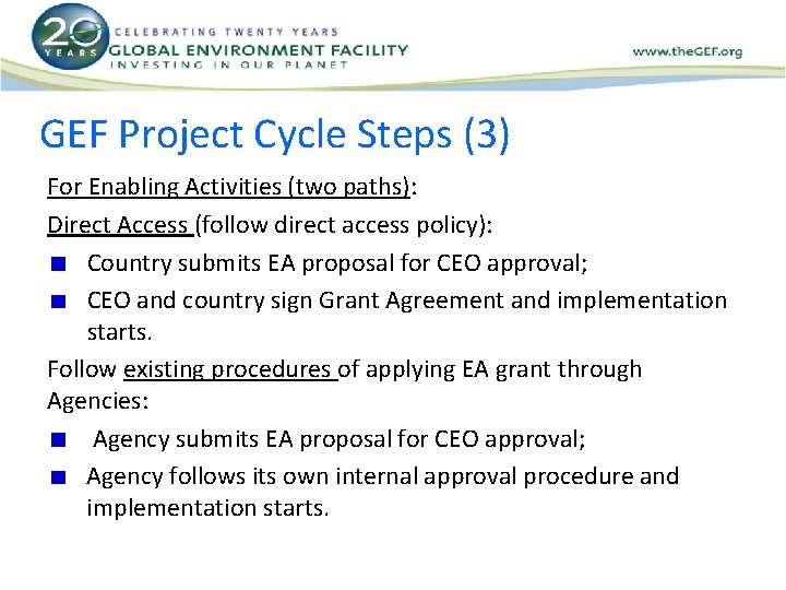 GEF Project Cycle Steps (3) For Enabling Activities (two paths): Direct Access (follow direct