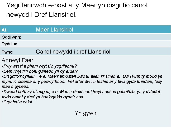 Ysgrifennwch e-bost at y Maer yn disgrifio canol newydd i Dref Llansiriol. At: Maer