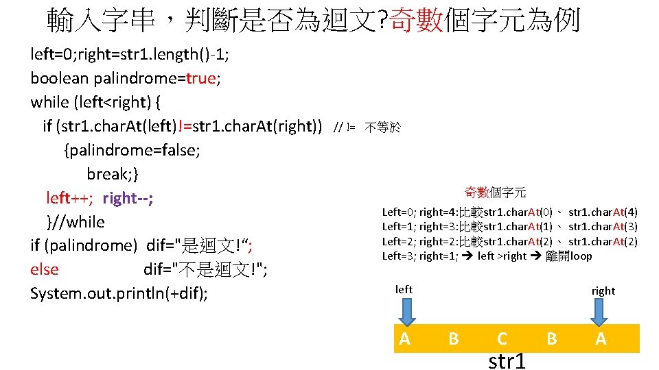 輸入字串，判斷是否為迴文? 奇數個字元為例 left=0; right=str 1. length()-1; boolean palindrome=true; while (left<right) { if (str 1.