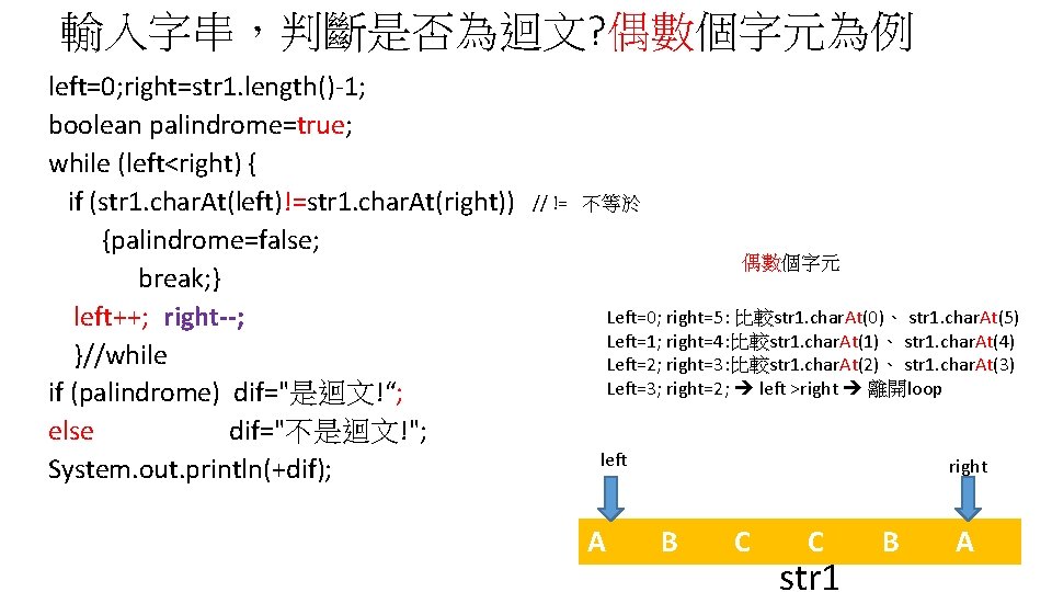 輸入字串，判斷是否為迴文? 偶數個字元為例 left=0; right=str 1. length()-1; boolean palindrome=true; while (left<right) { if (str 1.