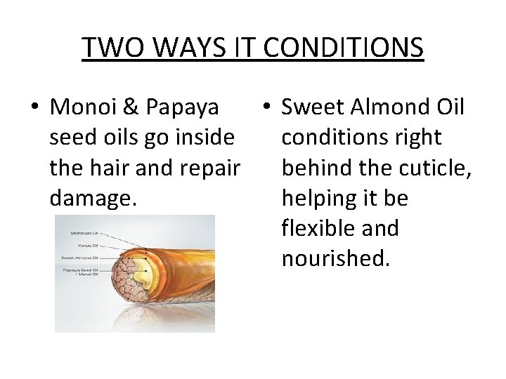 TWO WAYS IT CONDITIONS • Monoi & Papaya • Sweet Almond Oil seed oils