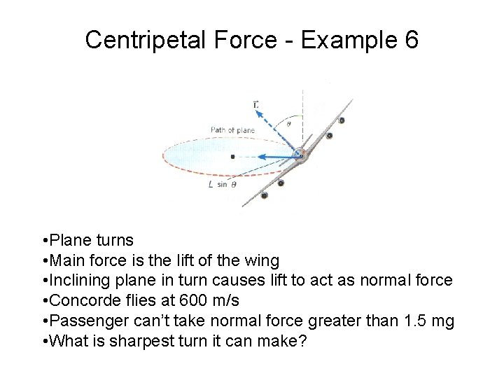 Centripetal Force - Example 6 • Plane turns • Main force is the lift