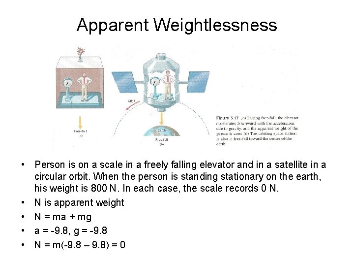 Apparent Weightlessness • Person is on a scale in a freely falling elevator and