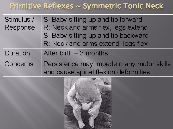 Primitive Reflexes ~ Symmetric Tonic Neck Stimulus / Response Duration Concerns S: Baby sitting