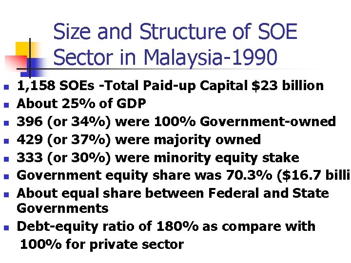 Size and Structure of SOE Sector in Malaysia-1990 n n n n 1, 158 Size and Structure of SOE Sector in Malaysia-1990 n n n n 1, 158