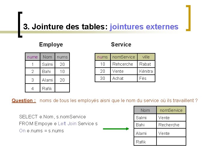 3. Jointure des tables: jointures externes Employe Service nume Nom nums nom. Service ville