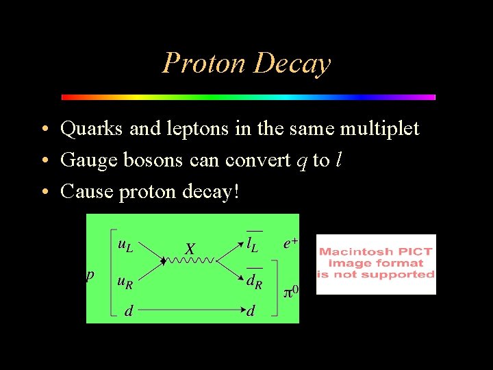 Proton Decay • Quarks and leptons in the same multiplet • Gauge bosons can