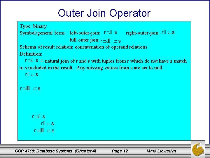 Outer Join Operator Type: binary Symbol/general form: left-outer-join: right-outer-join: full outer join: Schema of