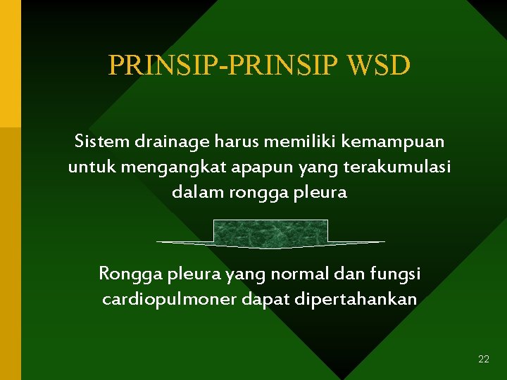 PRINSIP-PRINSIP WSD Sistem drainage harus memiliki kemampuan untuk mengangkat apapun yang terakumulasi dalam rongga