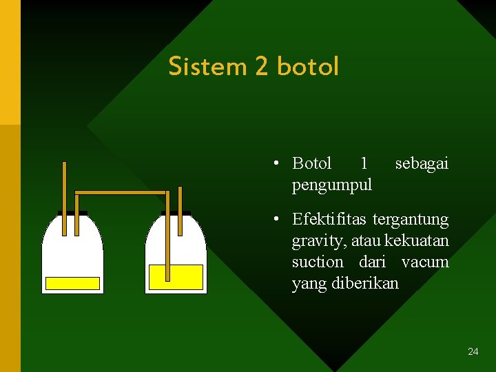 Sistem 2 botol • Botol 1 pengumpul sebagai • Efektifitas tergantung gravity, atau kekuatan