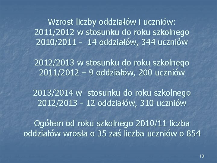 Wzrost liczby oddziałów i uczniów: 2011/2012 w stosunku do roku szkolnego 2010/2011 - 14