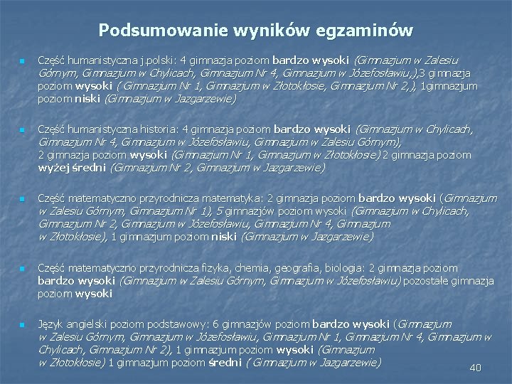 Podsumowanie wyników egzaminów n n n Część humanistyczna j. polski: 4 gimnazja poziom bardzo