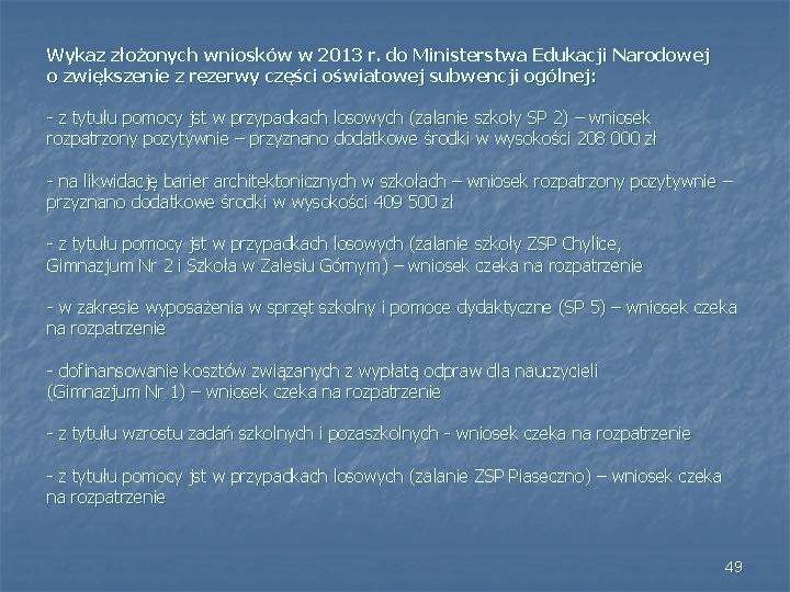Wykaz złożonych wniosków w 2013 r. do Ministerstwa Edukacji Narodowej o zwiększenie z rezerwy