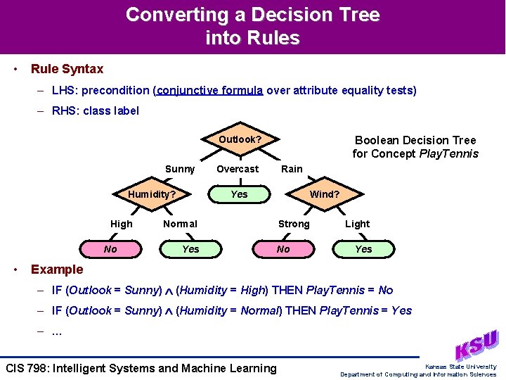 Converting a Decision Tree into Rules • Rule Syntax – LHS: precondition (conjunctive formula