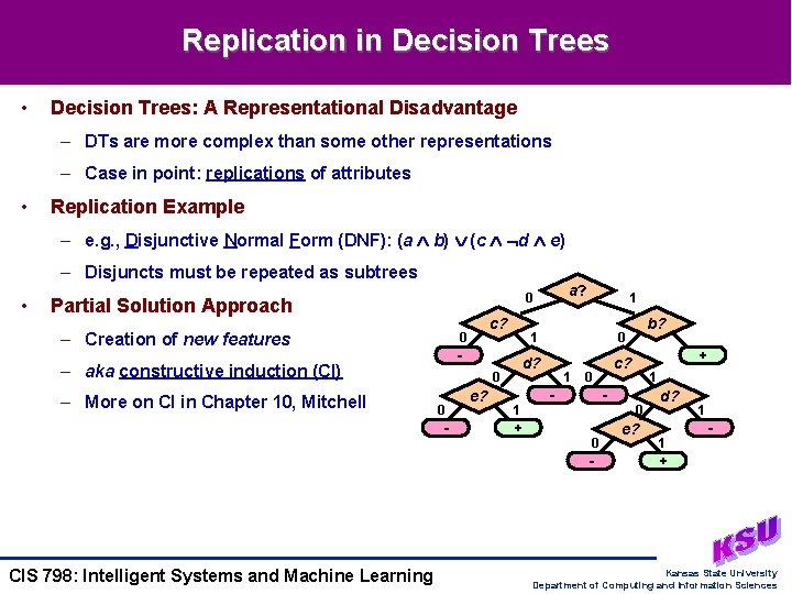 Replication in Decision Trees • Decision Trees: A Representational Disadvantage – DTs are more