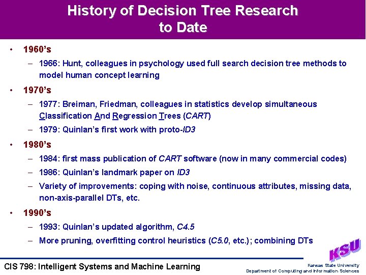 History of Decision Tree Research to Date • 1960’s – 1966: Hunt, colleagues in