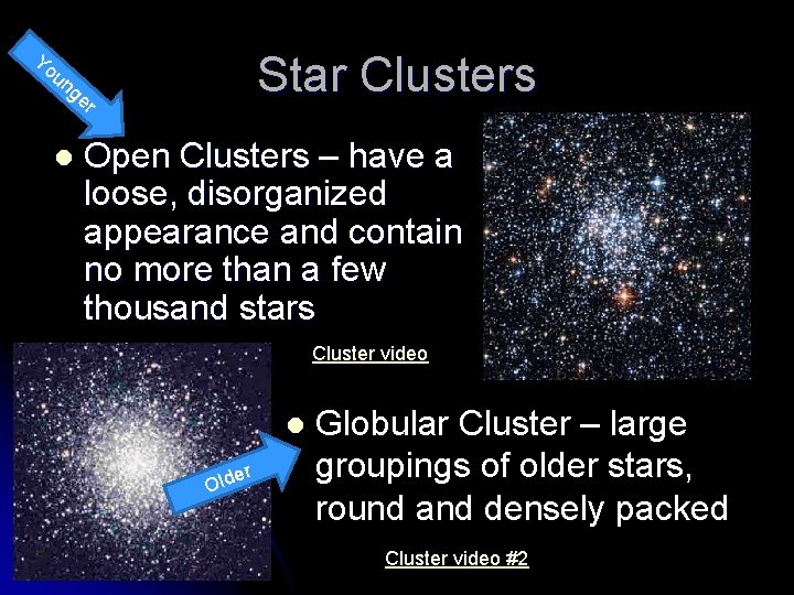 Yo Star Clusters un ge r l Open Clusters – have a loose, disorganized