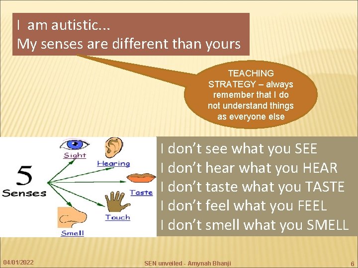 I am autistic. . . My senses are different than yours TEACHING STRATEGY –