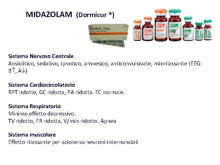 MIDAZOLAM (Dormicur ®) Sistema Nervoso Centrale Ansiolitico, sedativo, ipnotico, amnesico, anticonvulsivate, miorilassante (EEG: B