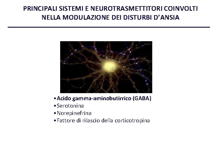 PRINCIPALI SISTEMI E NEUROTRASMETTITORI COINVOLTI NELLA MODULAZIONE DEI DISTURBI D’ANSIA • Acido gamma-aminobutirrico (GABA)