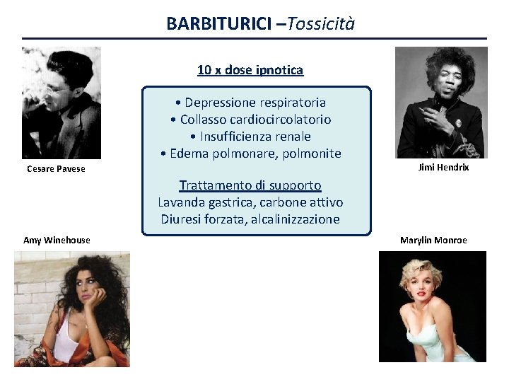 BARBITURICI –Tossicità 10 x dose ipnotica • Depressione respiratoria • Collasso cardiocircolatorio • Insufficienza