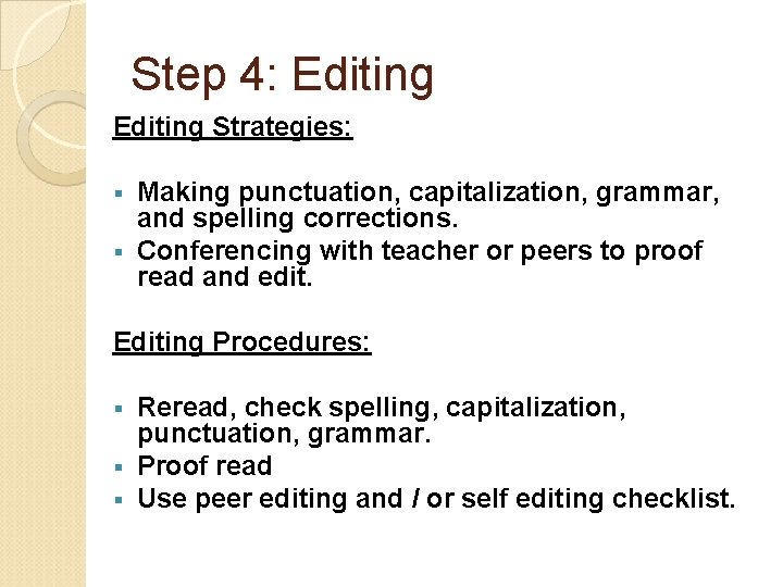 Step 4: Editing Strategies: Making punctuation, capitalization, grammar, and spelling corrections. § Conferencing with