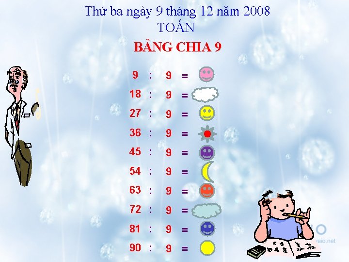 Thứ ba ngày 9 tháng 12 năm 2008 TOÁN BẢNG CHIA 9 9 :