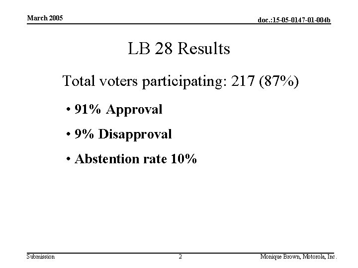 March 2005 doc. : 15 -05 -0147 -01 -004 b LB 28 Results Total