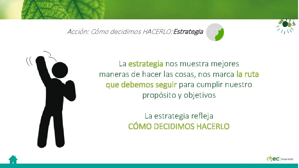 Acción: Cómo decidimos HACERLO: Estrategia La estrategia nos muestra mejores maneras de hacer las