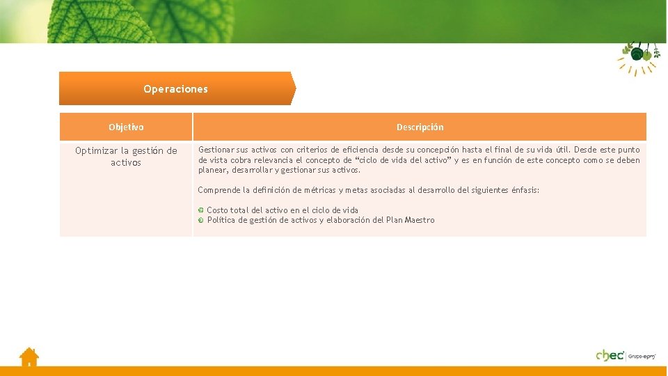 Operaciones Objetivo Descripción Optimizar la gestión de activos Gestionar sus activos con criterios de