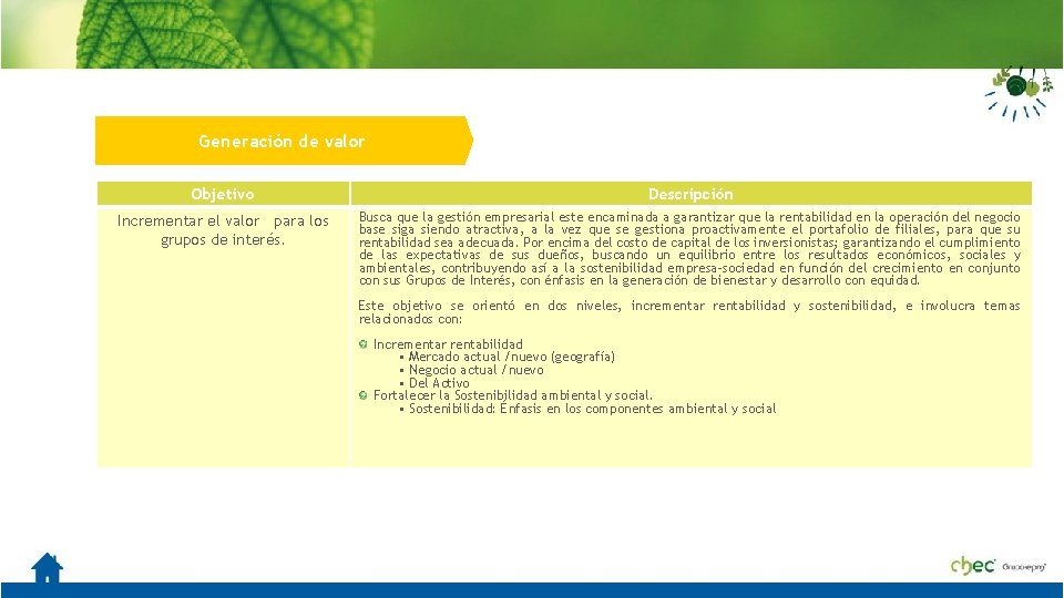 Generación de valor Objetivo Descripción Incrementar el valor para los grupos de interés. Busca