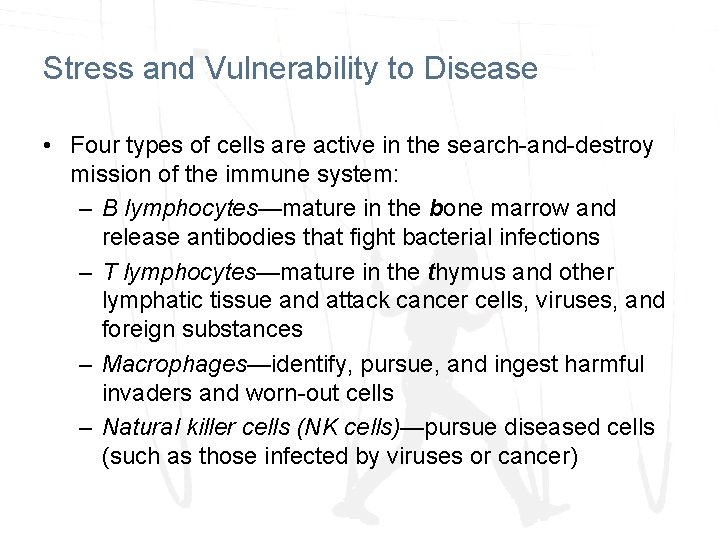 Stress and Vulnerability to Disease • Four types of cells are active in the