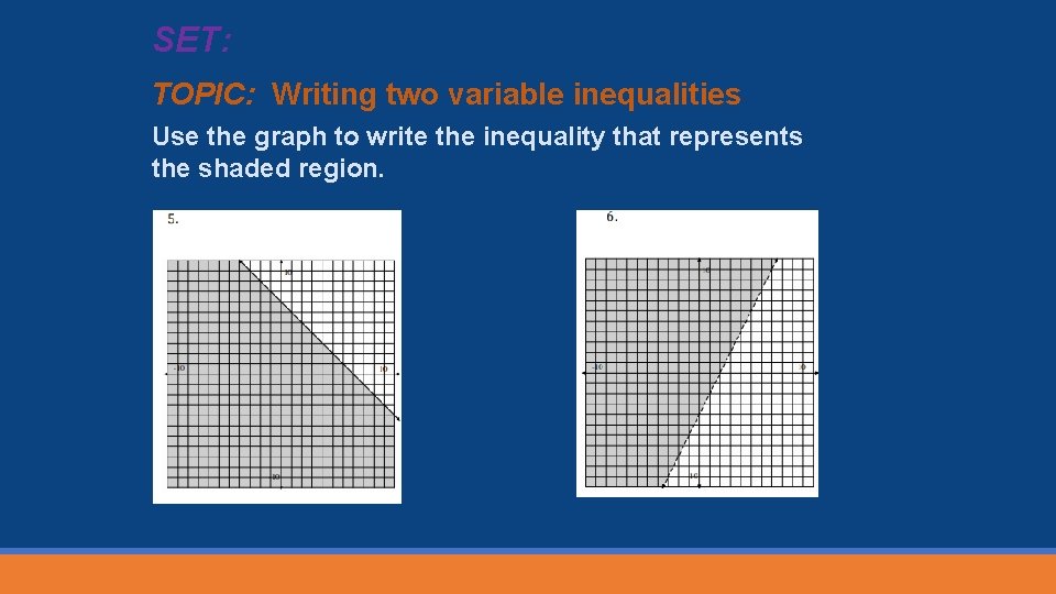 SET: TOPIC: Writing two variable inequalities Use the graph to write the inequality that