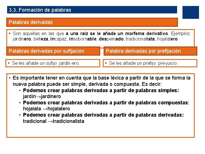 3. 3. Formación de palabras Palabras derivadas • Son aquellas en las que a