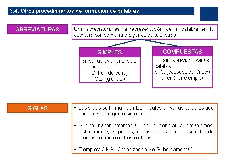 3. 4. Otros procedimientos de formación de palabras ABREVIATURAS SIGLAS Una abreviatura es la