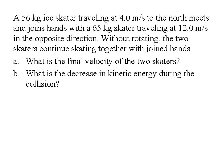 A 56 kg ice skater traveling at 4. 0 m/s to the north meets