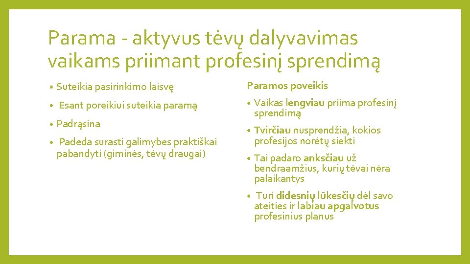 Parama - aktyvus tėvų dalyvavimas vaikams priimant profesinį sprendimą • Suteikia pasirinkimo laisvę Paramos