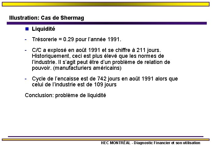 Illustration: Cas de Shermag n Liquidité - Trésorerie = 0. 29 pour l’année 1991.